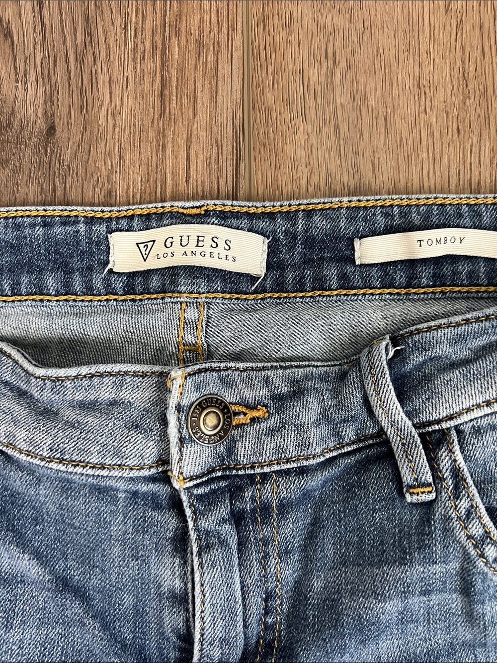 GUESS Tomboy Light Blue Denim Jeans with Contrast Gold Stitching